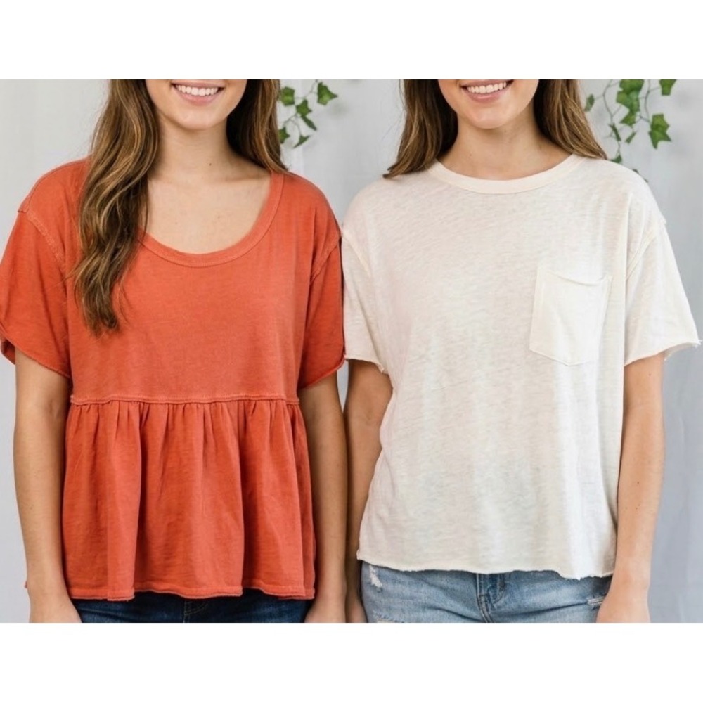 2 We The Free People  Bundle Rust Peplum Babydoll & White Pocket Tee S XS